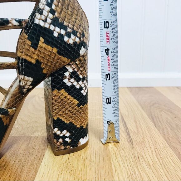 SCHUTZ Juliana Leather Caged Block Heel Sandal Snake Embossed Tan Black Size 7.5 - Picture 14 of 14